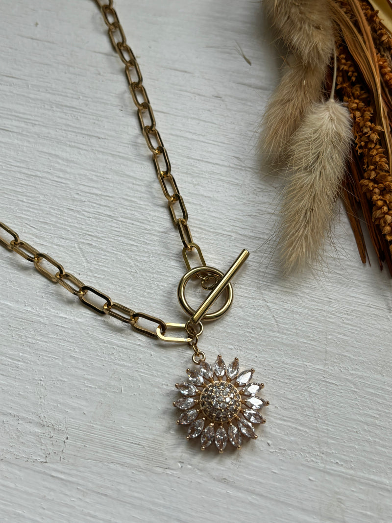 Sunflower - Fancy Necklace Gold Plated Charm on Stainless Steel Paperclip Chain and Toggle Clasp