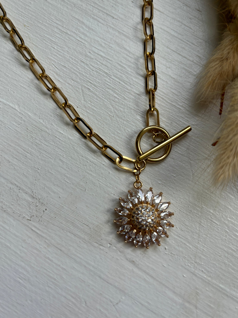 Sunflower - Fancy Necklace Gold Plated Charm on Stainless Steel Paperclip Chain and Toggle Clasp