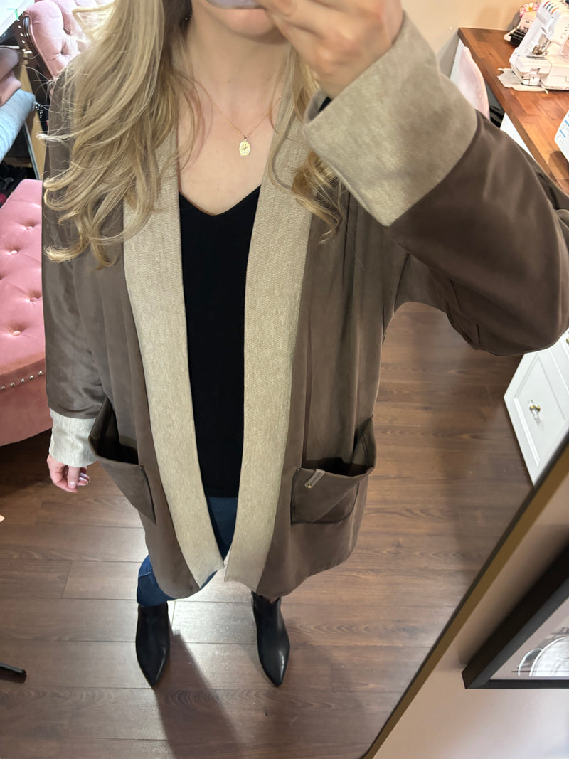 Colour Blocked Beige Faux Suede Cardigan