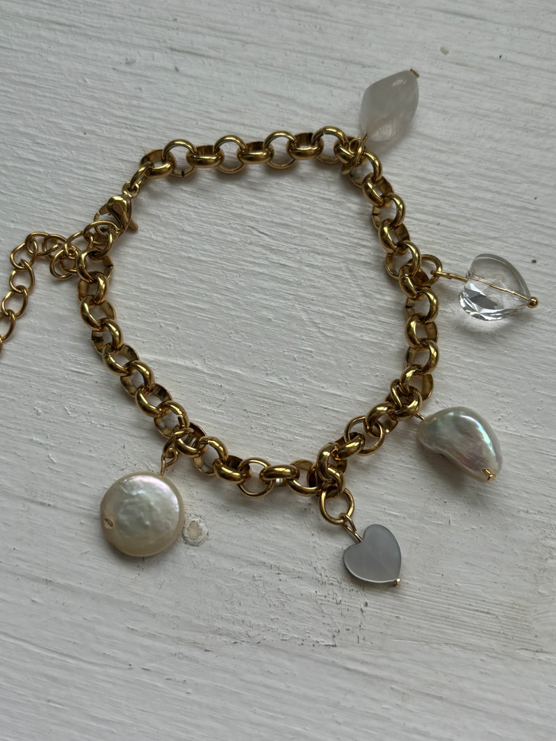 Pearls/Hearts - Stainless Steel Rolo Chain Charm Bracelet