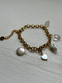 Pearls/Hearts - Stainless Steel Rolo Chain Charm Bracelet