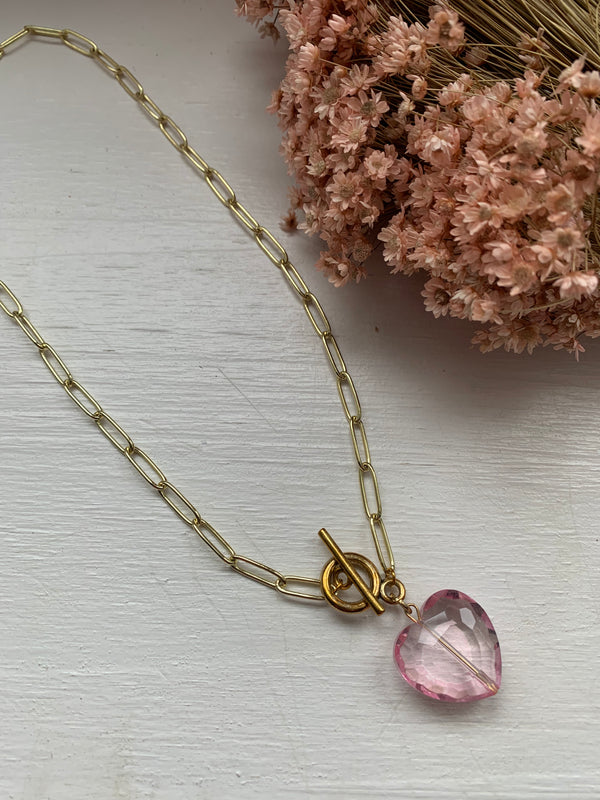 Pink Glass Crystal Heartfelt II Gold Plated Fancy Necklace