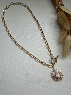 Sunflower - Fancy Necklace Gold Plated Charm on Stainless Steel Paperclip Chain and Toggle Clasp