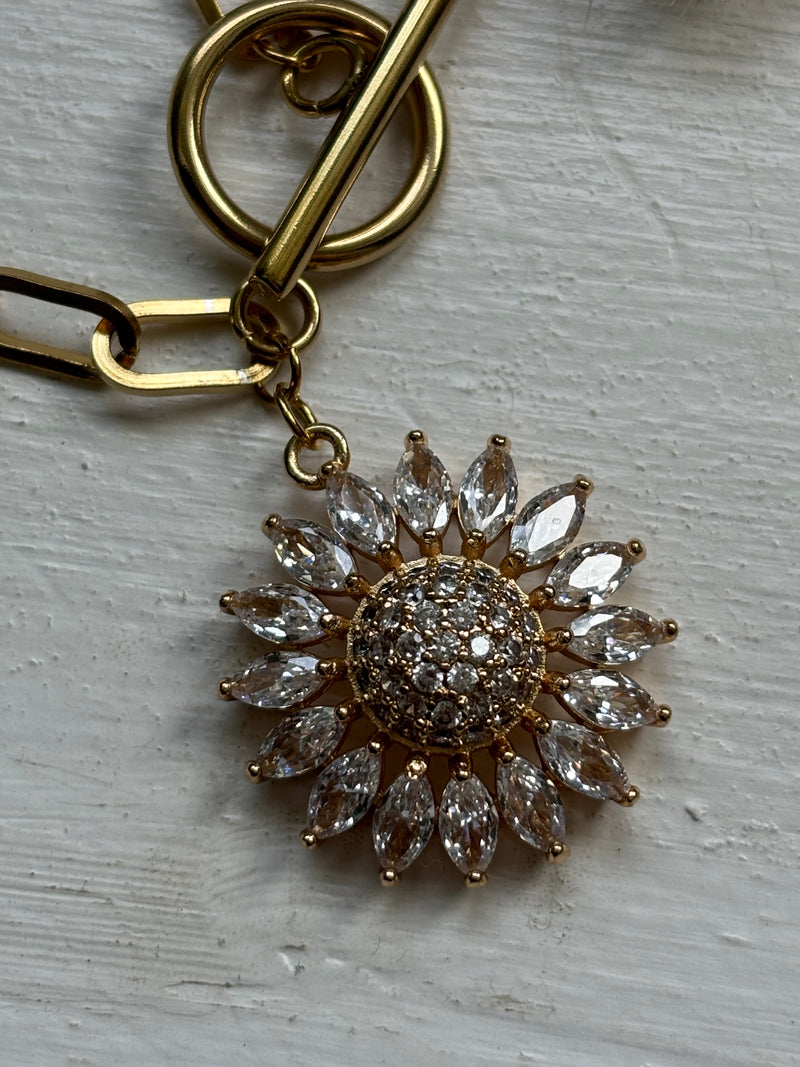 Sunflower - Fancy Necklace Gold Plated Charm on Stainless Steel Paperclip Chain and Toggle Clasp