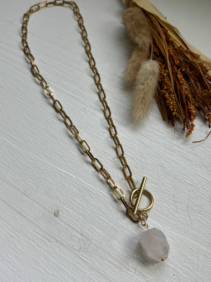 Rose Quartz - Fancy Necklace Rose Quartz Pendant on Stainless Steel Paperclip Chain and Toggle Clasp