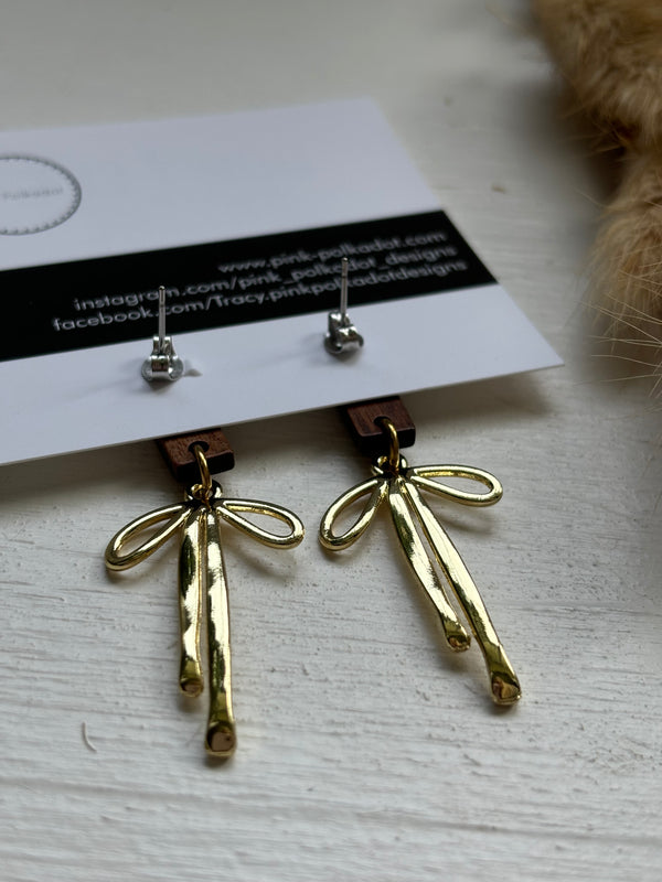 Bow - Gold Plated Stud Dangly Earrings- Fancy Earrings