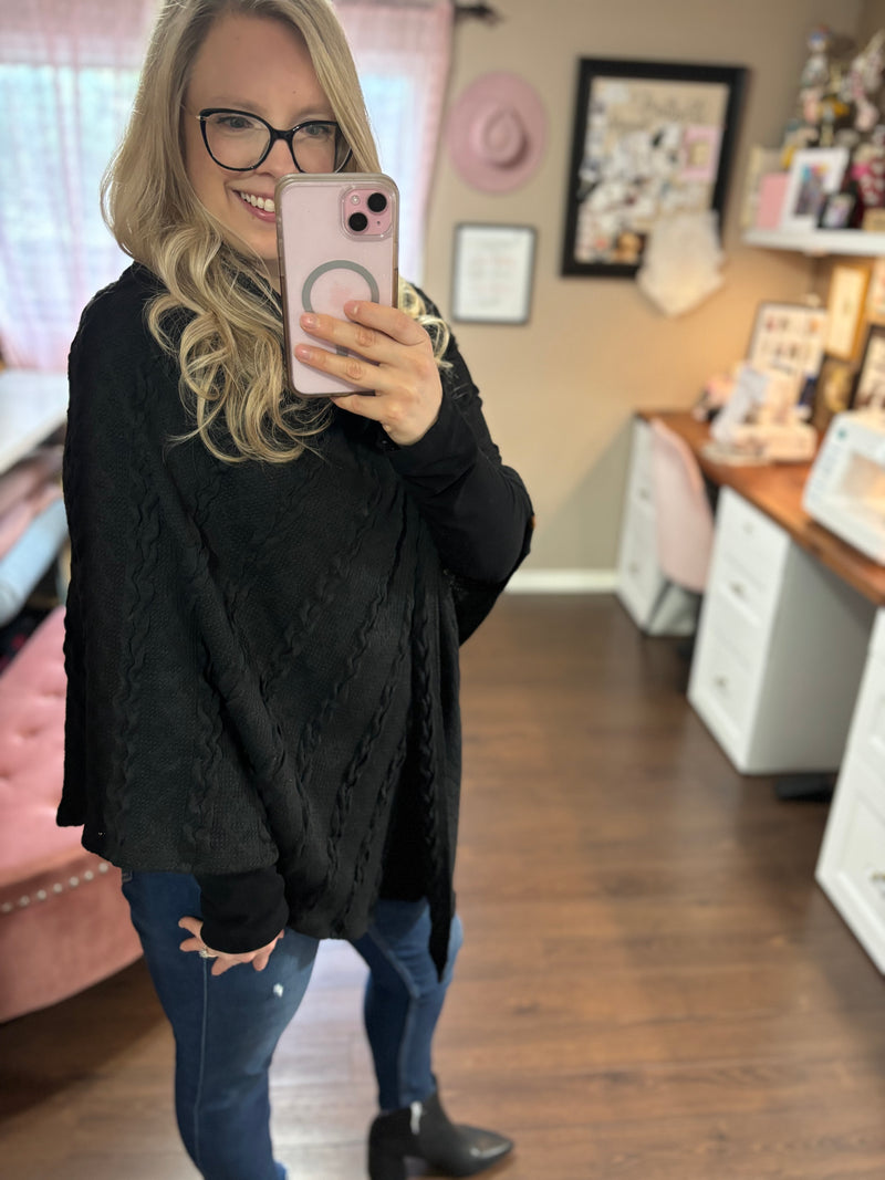 Black Cable Knit- Park Ave Poncho