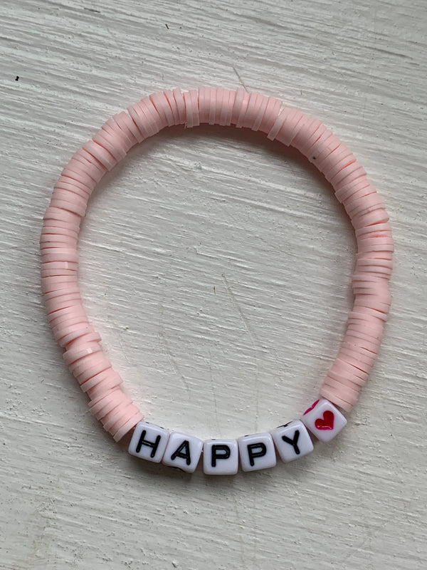 Happy - Pink Heishi Beaded Inspirational Bracelet
