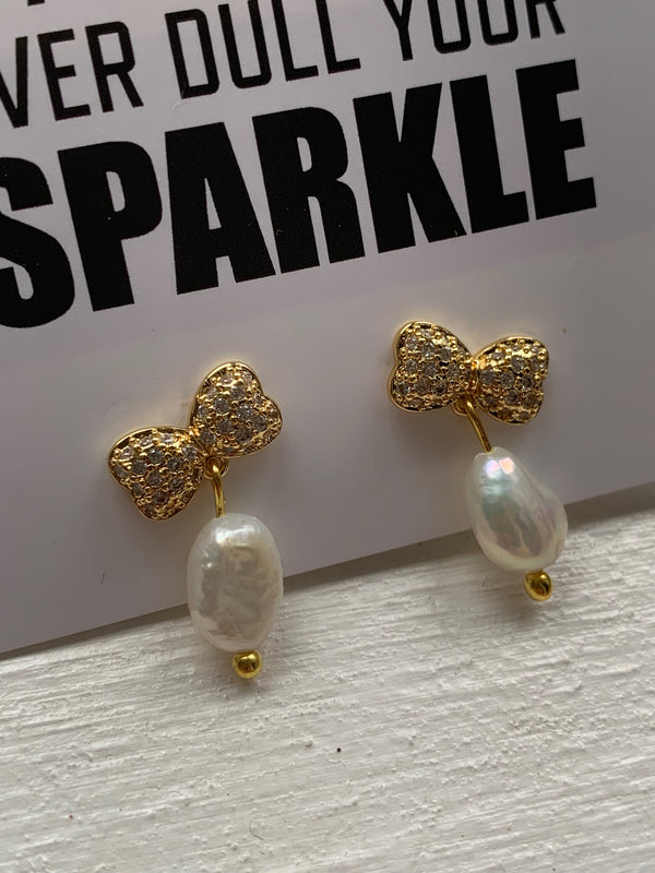 Bow and Pearl Gold Plated Stud Dangly Earrings- Fancy Earrings
