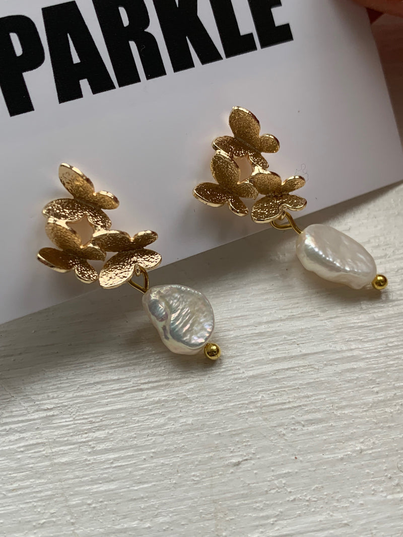 Flutter - Butterfly Gold Plated Stud Dangly Earrings with Pearl Charm- Fancy Earrings