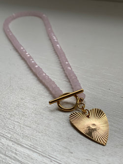 Love is the Thing - Pink Crystal Choker Necklace with Toggle Clasp and Gold Plated Heart