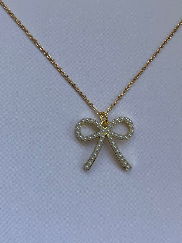 Pearl Bow Gold Plated Charm Necklace 