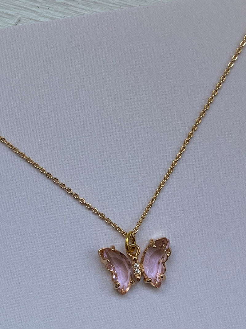 Pink Crystal Small Butterfly Gold Plated Charm Necklace 