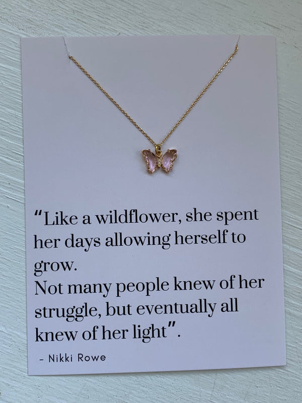 Pink Crystal Small Butterfly Gold Plated Charm Necklace 