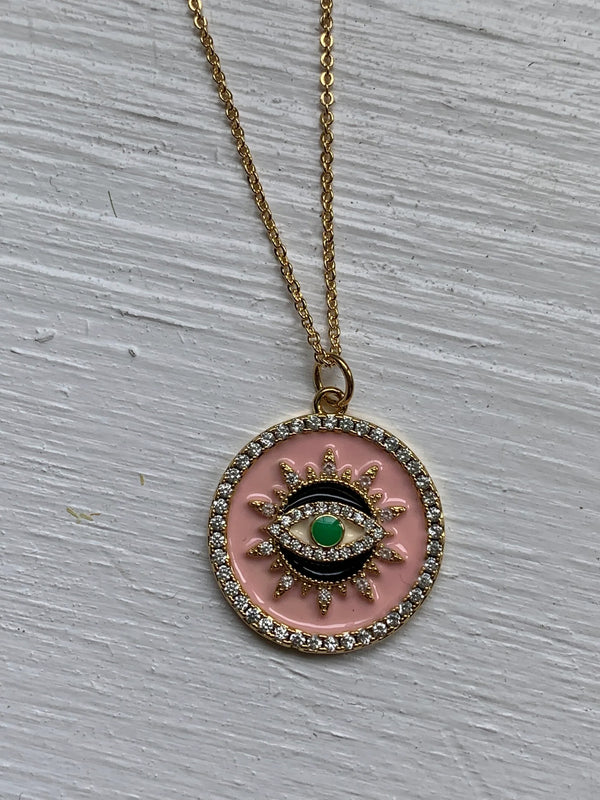 Pink Evil Eye Gold Plated Charm Necklace