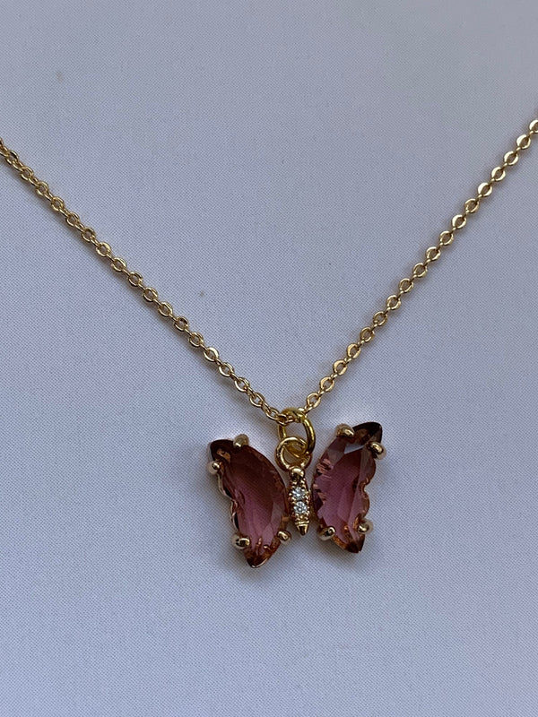 Small Butterfly Rose Crystal Gold Plated Charm Necklace 