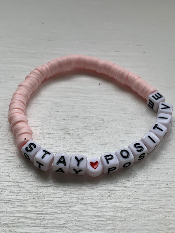 Stay Positive - Pink Heishi Beaded Inspirational Bracelet